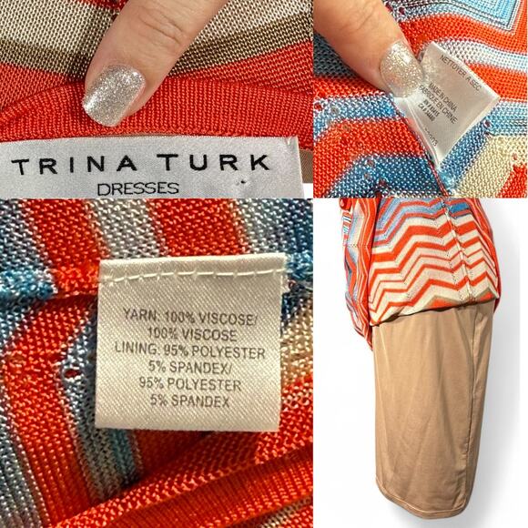 Trina Turk Chevron Knit‎ Wrap Dress Belt Orange Blue V-Neck Long Sleeve ZigZag 0 - Picture 10 of 10